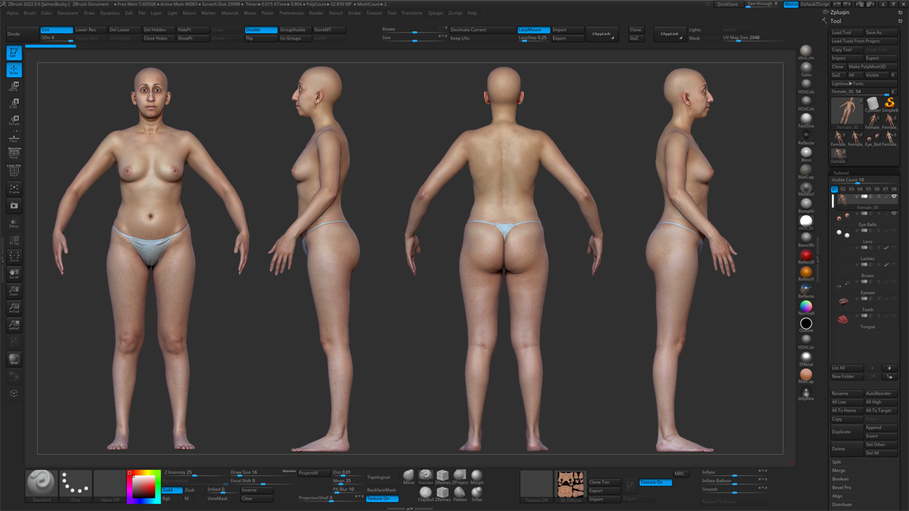 ZBrush ZTool render of a female 3D body scan at high subdivision level showing sculpt-ready geometry detail
